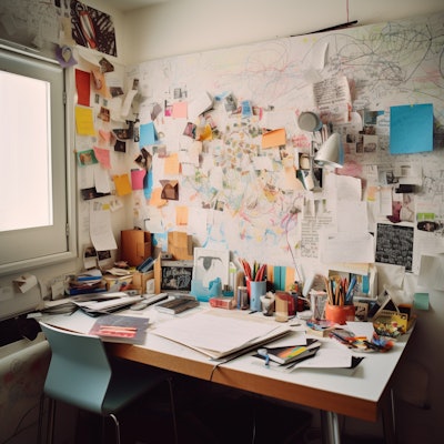 Creative Workspace with Pinned Notes - A cluttered, creative workspace with a wall covered in notes, drawings, and photos. The desk is filled with art supplies and projects in progress.