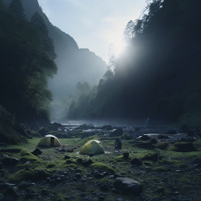 Tents in Misty Mountain Valley - Two tents set up in a serene, misty mountain valley with lush greenery and a river running through. The early morning light adds a peaceful ambiance.
