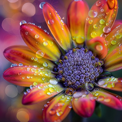 Close-up of Dew-covered Colorful Flower - A macro shot of a vibrant flower with petals covered in dew drops, showcasing its rich colors and intricate details.