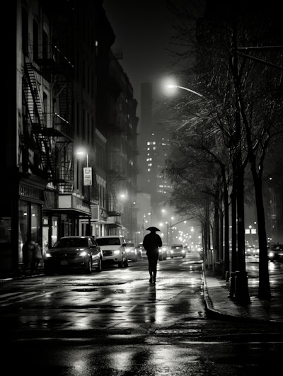 Rainy Night Street with Silhouette - A black-and-white image of a rainy city street at night, featuring a solitary figure with an umbrella. The wet pavement reflects the city lights, creating a moody atmosphere.