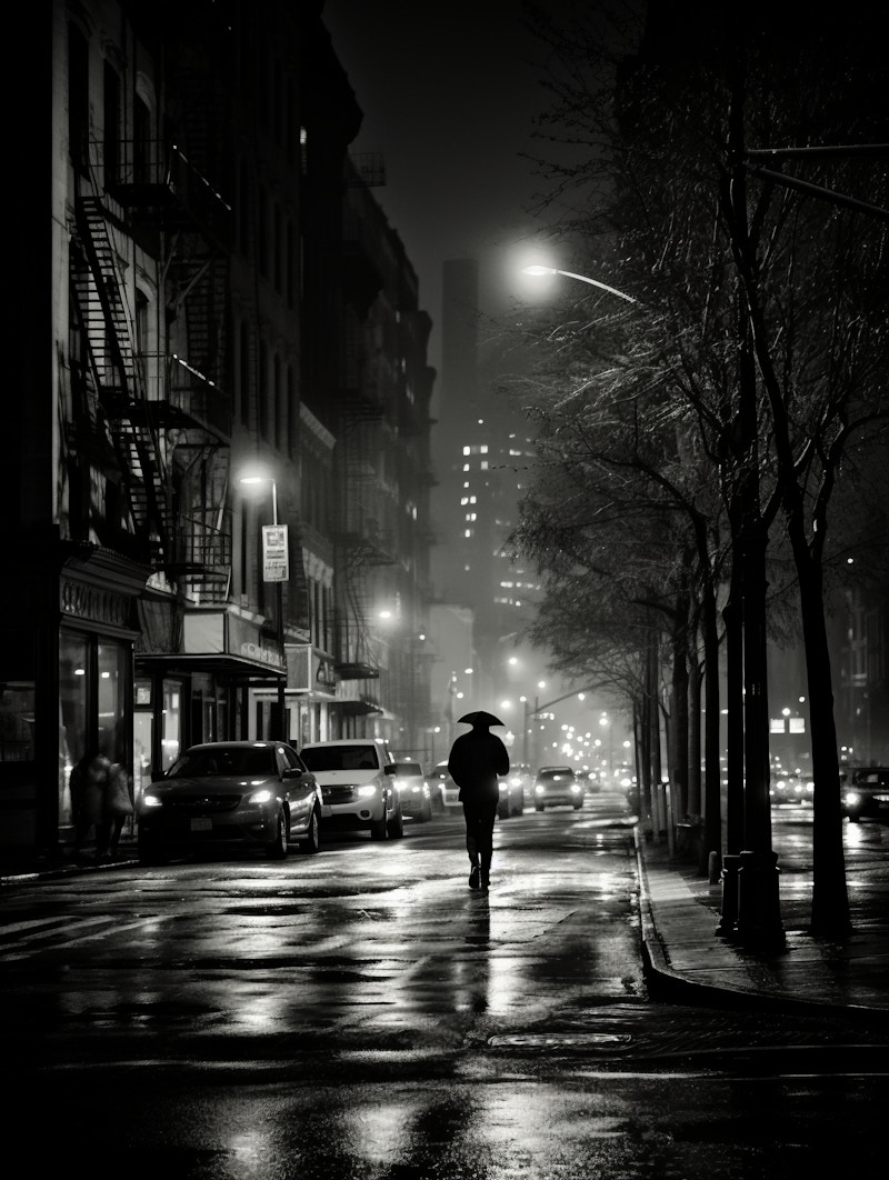 Photo: A black-and-white image of a rainy city street at night, featuring a solitary figure with an umbrella. The wet pavement reflects the city lights, creating a moody atmosphere.