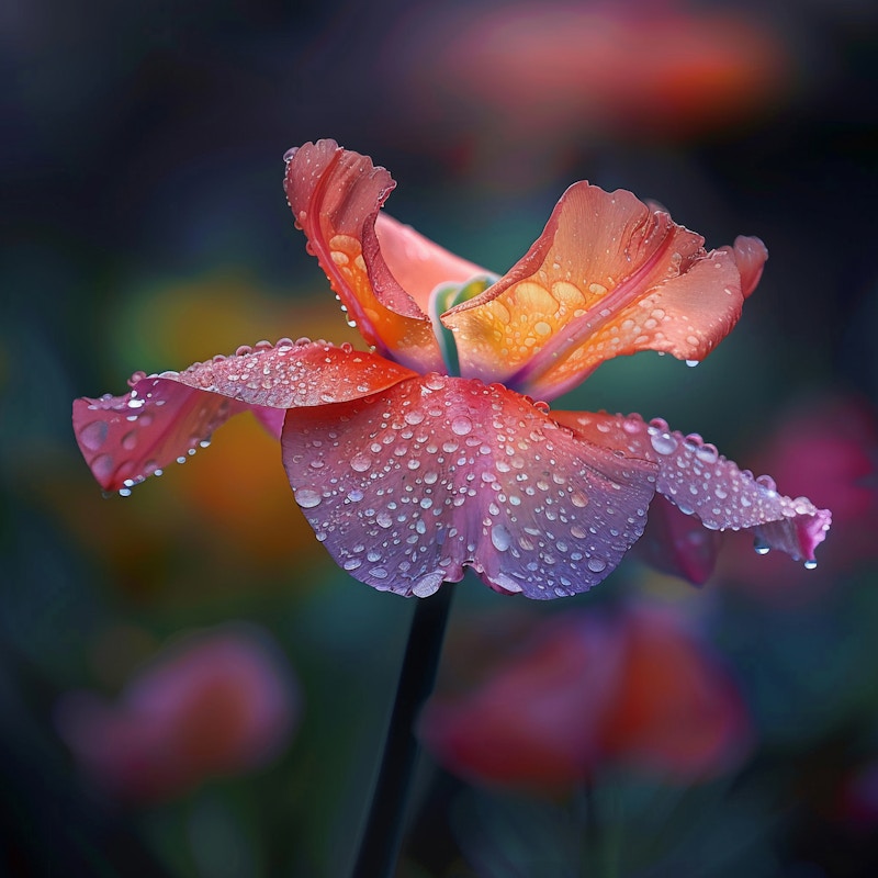 Photo: A close-up of a pink flower with delicate petals covered in dew drops, against a dark, blurred background. The lighting emphasizes the flower's texture and color.