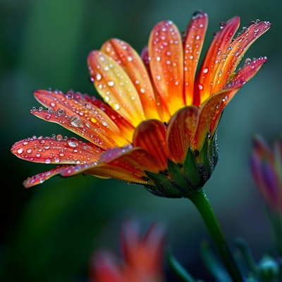 Dewy Orange and Yellow Flower in Bloom - A vibrant orange and yellow flower covered in dewdrops, captured in a close-up shot against a blurred green background. The colors and details are striking.