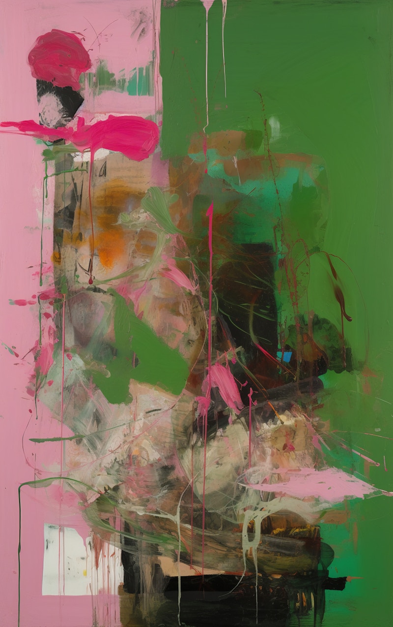 Photo: An abstract painting with bold green and pink strokes, interspersed with dynamic lines and textures.