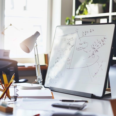 Brightly Lit Office with Whiteboard - A well-organized office space with a whiteboard full of notes, a desk lamp, and stationery, bathed in bright daylight.