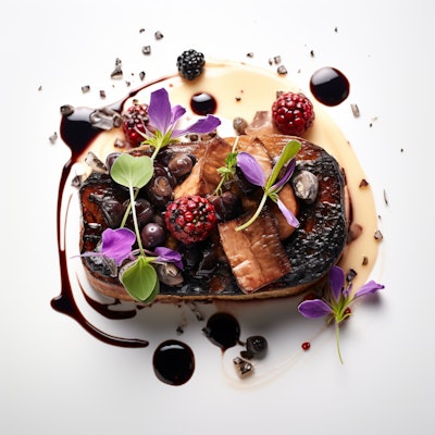 Gourmet Dish with Berries and Sauce - A gourmet dish artfully plated with berries, sauce, and garnishes, showcasing a blend of flavors and colors.