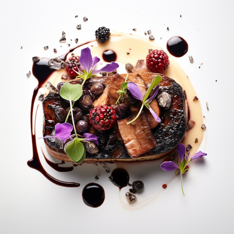Photo: A gourmet dish artfully plated with berries, sauce, and garnishes, showcasing a blend of flavors and colors.
