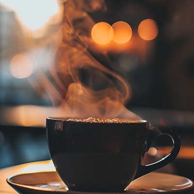 Steaming Cup of Coffee in Café - A steaming cup of coffee sits on a table in a cozy café, with warm ambient lighting creating a comforting atmosphere.