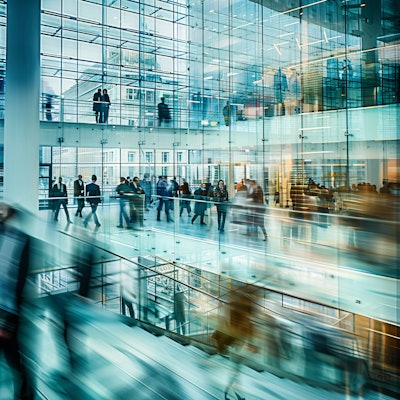 Modern Office Building with Glass Walls - A bustling office building with sleek glass walls, filled with people moving through its contemporary, bright interior.