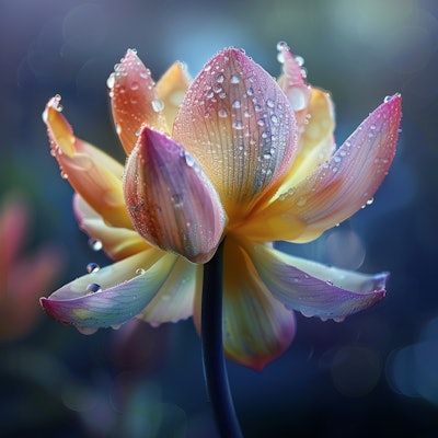 Dew-Kissed Lotus in Morning Light - A lotus flower adorned with dew drops, showcasing delicate pink and yellow petals illuminated by soft morning light.