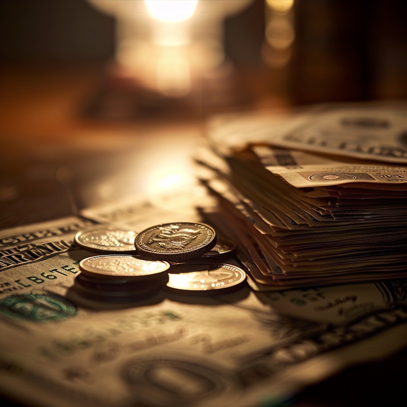 Photo: A close-up of neatly stacked dollar bills and scattered coins, softly lit to highlight the texture and details of the currency.