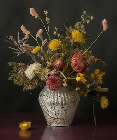 Rustic Bouquet in Speckled Vase - A rustic floral arrangement featuring vibrant yellow, pink, and white blooms in a speckled ceramic vase set against a dark background.