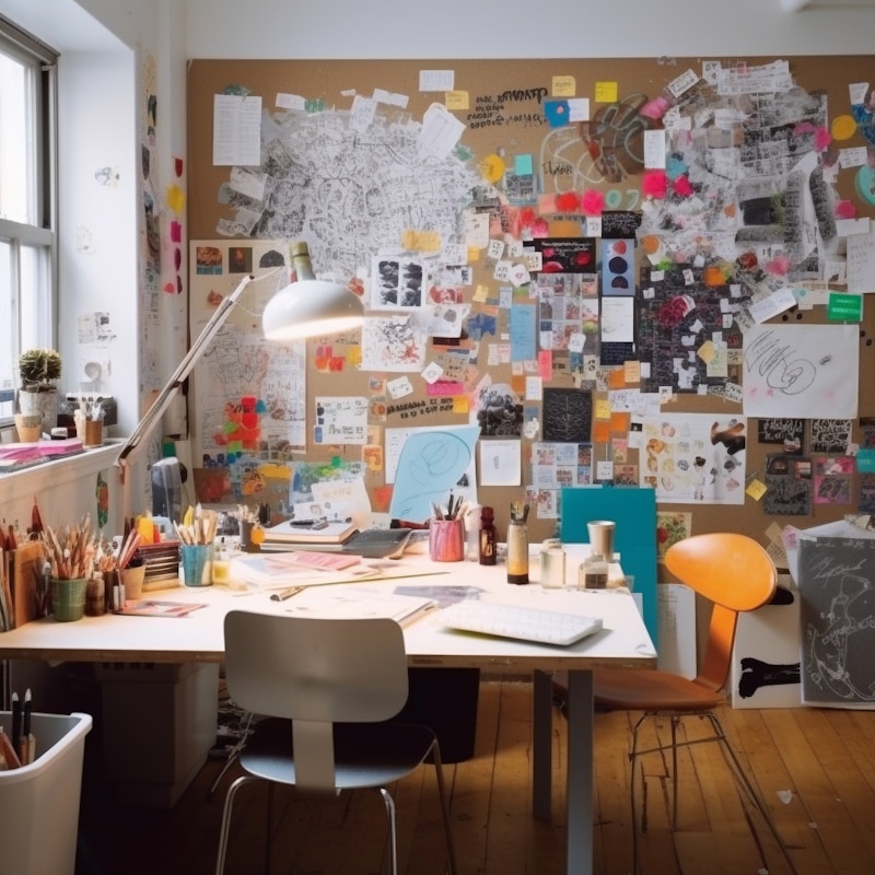 Photo: A creatively cluttered desk with a wall covered in notes, drawings, and photos, reflecting an inspiring and energetic workspace.