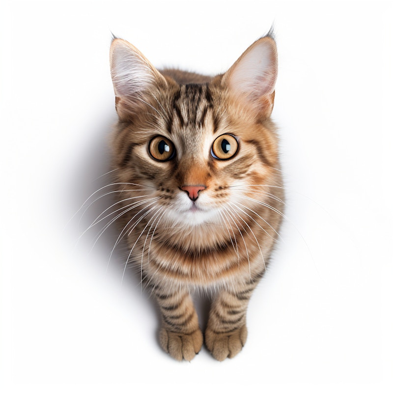 Photo: A close-up of a curious tabby cat with wide, expressive eyes, sitting against a pristine white background.