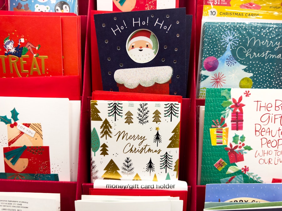 Photo: A group of Christmas cards in a rack