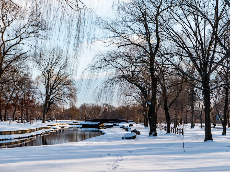 Photo: A snowy park with trees and a river