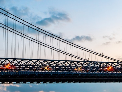 Williamsburg Bridge in Sunset - A bridge with many cables during sunset 