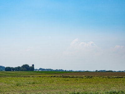 Farmland and Blue Sky - A field of grass with a few trees and a farm in the background