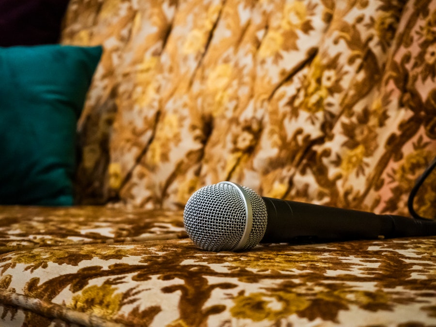 Photo: A microphone on a couch with a pillow on the side