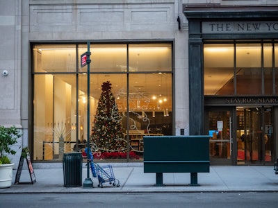 New York Public Library with Christmas Tree in Window - Library building in a city with a Christmas tree