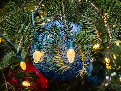 Ornament and Lit Lights on Christmas Tree - A Christmas tree with lights and blue ball ornament