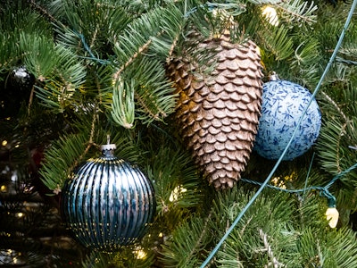 Pinecone Ornament on Christmas Tree - A pinecone and ornaments on a Christmas tree