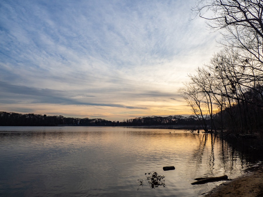 Photo: A body of water with trees during sunset 